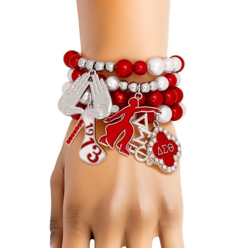 DST Red and White Pearl Charm Bracelet Stack